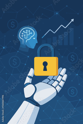 Artificial Intelligence Cyber Security Concept. Robotic Hand Holding Padlock Protecting Business, Finance, Data Privacy on Digital Network. Innovation, Machine Learning, Secure Technology, Encryption