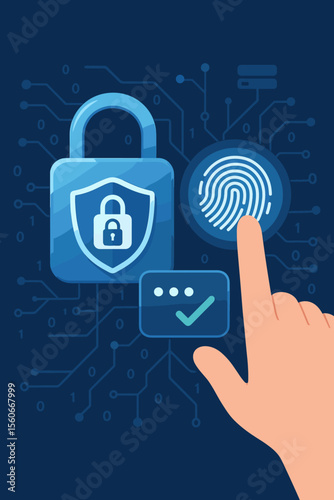 Cyber security protection concept with digital padlock, fingerprint biometric authentication, double locking system, login verification, identity credentials, secure data network technology background