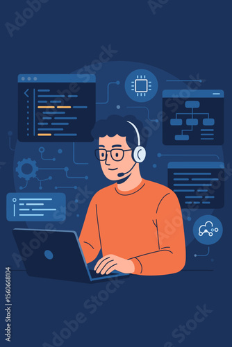 Software engineer coding on laptop with headset, analyzing data, programming algorithms, developing applications, virtual interface, information technology, IoT, data science, workflow