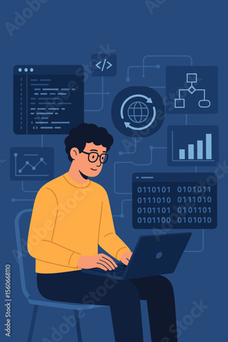 Software engineer programmer coding on laptop, analyzing data, developing algorithms, IoT, big data, machine learning, virtual interface, binary code, charts, workflow, technology innovation