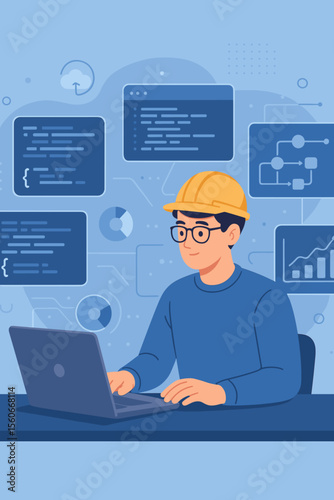 Engineer programmer with hard hat using laptop analyzing software code, data science algorithms, IoT development, virtual dashboard interface, big data analytics, cloud computing