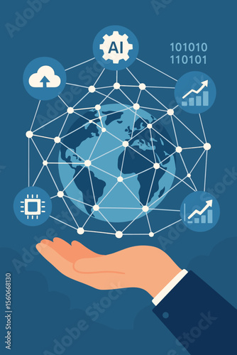 Hand Holding Globe with Digital Network Connecting Cloud Computing, AI Artificial Intelligence, Data Technology, Smart Information Flow, Global Technology Concept
