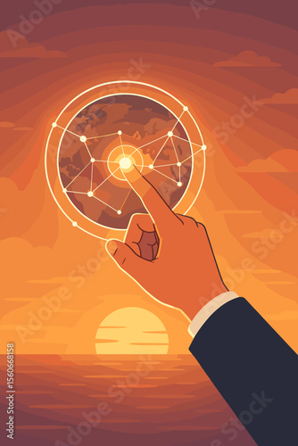 Businessman Hand Touching Global Network Interface, Digital Data Exchange, Worldwide Connectivity, Innovation Technology, Business Networking, Science Communication, Sunset Ocean Background
