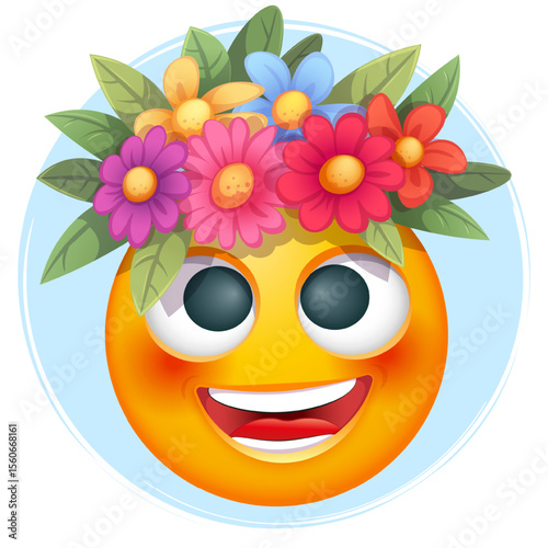 Summer emoji with with tropical flowers on white background. Cheerful summer emoticon with happy smiling face shows joy. Positive vibes, good mood, vacation, travel, holiday concept