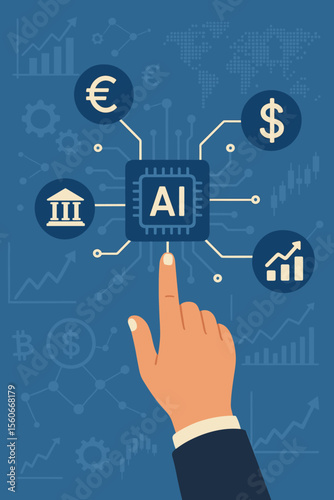 Artificial intelligence fintech innovation concept. Hand touching AI chip connects banking, currency exchange, stock market trading, investment, finance technology, global economy, digital network