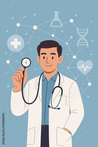Professional doctor holding stethoscope with medical network, DNA helix, healthcare research, medical technology, innovation in medicine, scientific development, health service concept