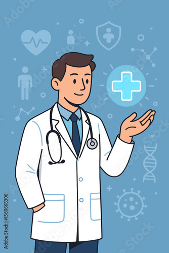 Male doctor in white coat with stethoscope presenting glowing medical plus sign, healthcare professional offering health insurance, patient care, wellness, medicine, medical support concept