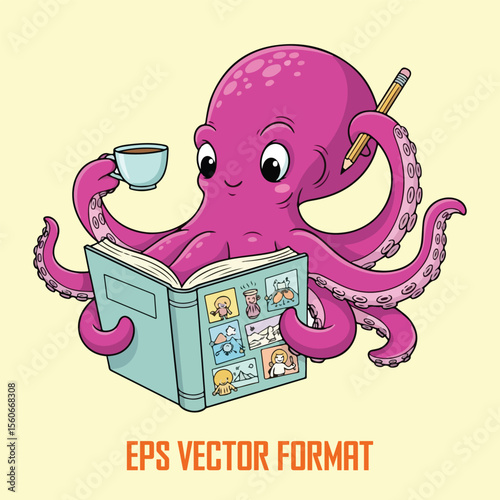 Cute Ocean Animals Reading Books – Vector Cartoon Set for Kids, T-Shirts & Education Design