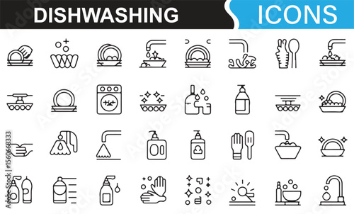 Icons representing home dishwashing, from washing dishes to using a dishwasher.