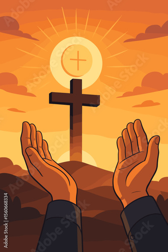 Uplifted Hands Praying Worship Cross Eucharist Blessing Faith Hope Christian Religion Concept Spiritual Healing Sunrise Sunset Silhouette God Help Prayer Modern Flat Vector Illustration