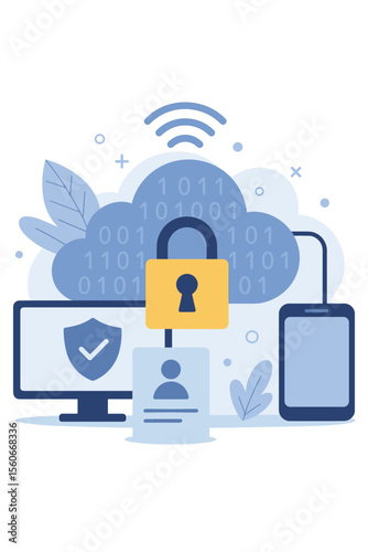 Cloud computing data security concept with encryption, personal information protection, secure cloud connection, cybersecurity, privacy shield, digital lock, flat vector illustration