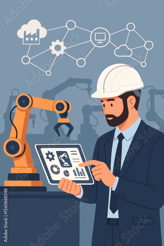Industrial engineer in suit and hard hat controlling robotic arm with digital tablet, monitoring automation, AI, smart factory, IoT network, industry 4.0, data analytics, technology management