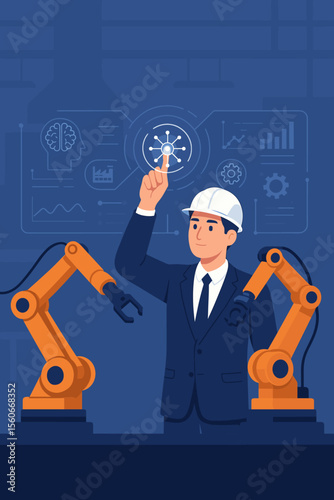 Industrial automation engineer controlling robotic arms with artificial intelligence, Industry 4.0 smart factory, real-time data interface, digital manufacturing technology concept