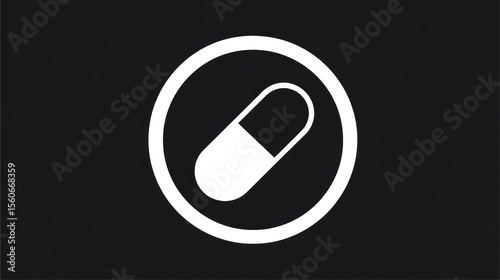 White pill icon within a white circle, against a solid black background