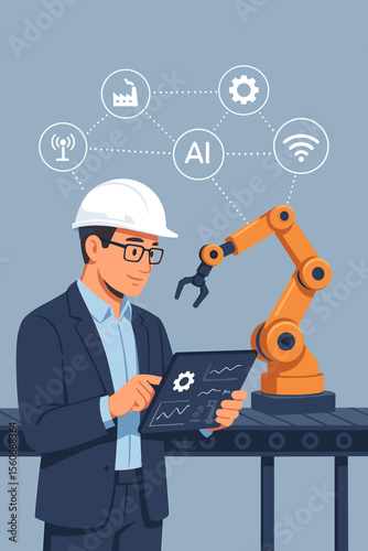 Industrial engineer manager controlling robotic arm with AI monitoring system, smart factory automation, wireless network, digital tablet, industry 4.0, artificial intelligence technology