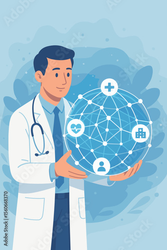 Doctor holding global medical network sphere, healthcare technology, hospital growth, pandemic awareness, digital health, telemedicine, patient care, medical innovation, connected medicine
