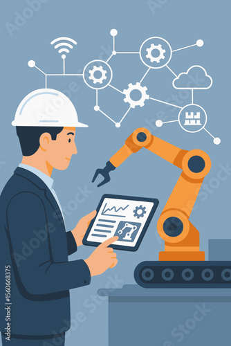 Industrial engineer using tablet to control robotic arm automation, monitoring system software, smart factory, AI technology, industry 4.0, network connection, digital manufacturing concept