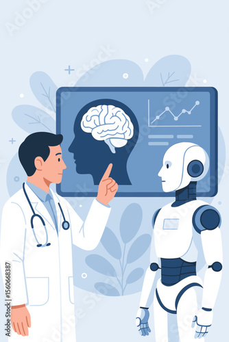 Doctor Collaborates with AI Robot for Brain Diagnosis and Medical Analysis, Advanced Healthcare Technology, Artificial Intelligence in Medicine, Future Patient Treatment, Data Accuracy Improvement
