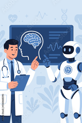 Artificial Intelligence Robot and Doctor Collaborate for Brain Diagnosis, Medical Technology Innovation, Future Healthcare, Accurate Patient Treatment, AI in Medicine, Digital Health Analysis