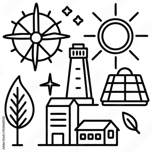 Clean Energy Silhouette Icon Set Solar, Wind, and More