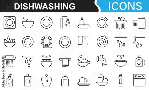 Simple icons depicting various kitchen chores like dishwashing, washing utensils, and cleaning.