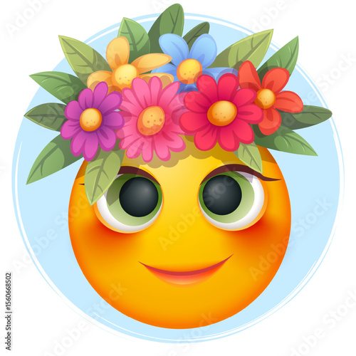 Female summer emoji with tropical flowers on white background. Cheerful summer emoticon with happy smiling face shows joy. Positive vibes, good mood, vacation, travel, holiday concept
