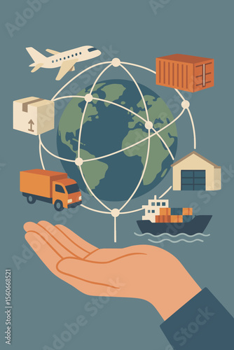 Global logistics network concept with hand supporting worldwide cargo distribution, shipping, freight transport, warehouse, delivery truck, airplane, container ship, supply chain vector illustration