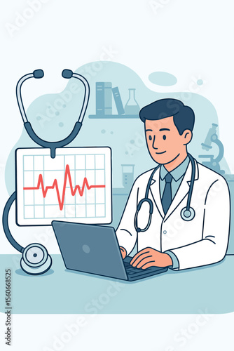 Medical doctor analyzing heart rate report on laptop with stethoscope, ECG monitor, laboratory background. Healthcare checkup, cardiology diagnosis, modern hospital, flat vector illustration
