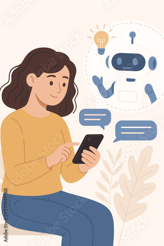 Woman using smartphone chatting with AI chatbot. Artificial intelligence robot assistant, smart technology communication, virtual help, online support, digital conversation, innovation concept