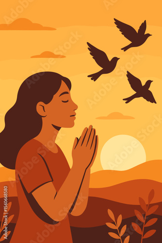 Woman Praying with Hands Together at Sunset, Birds Flying in Freedom, Hope Faith Spirituality Concept, Peaceful Nature Landscape, Modern Flat Vector Illustration, Inspirational Calm Scene