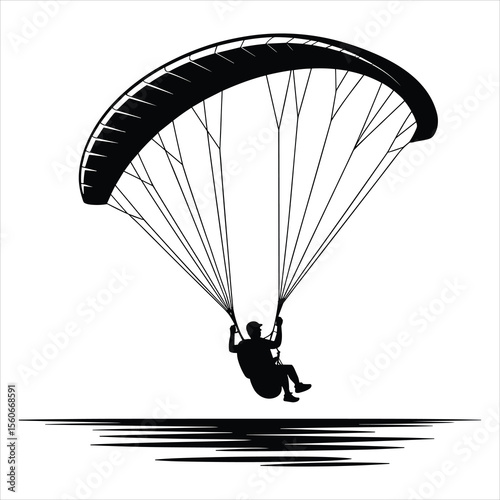 a paraglider in mid-flight over the sea , the paraglider’s canopy is wide and curved, clearly showing the arch shape