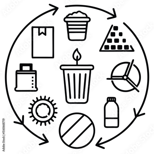 Circular Economy Silhouette Vector Icon Set of Waste Recycling and Sustainability