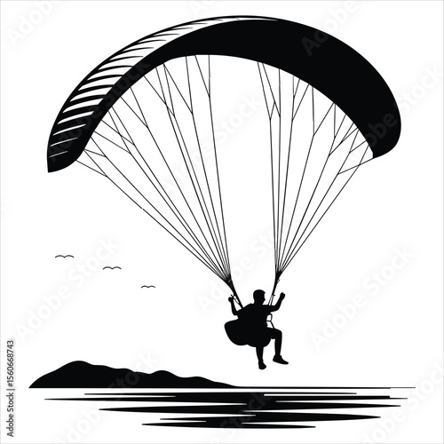 a paraglider in mid-flight over the sea , the paraglider’s canopy is wide and curved, clearly showing the arch shape