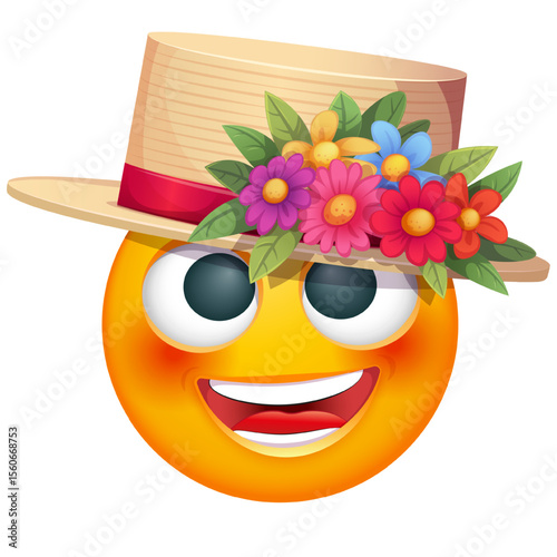 Summer emoji with with straw hat and tropical flowers on white background. Cheerful summer emoticon with happy smiling face shows joy. Positive vibes, good mood, vacation, travel, holiday concept