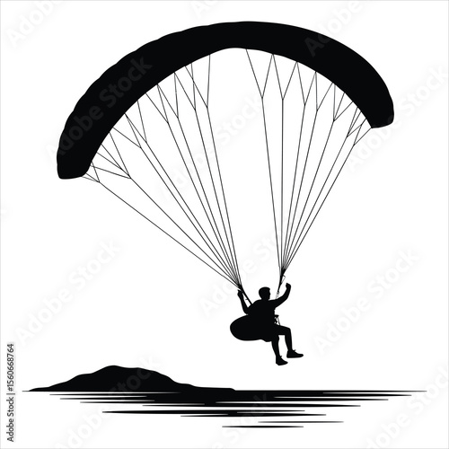 a paraglider in mid-flight over the sea , the paraglider’s canopy is wide and curved, clearly showing the arch shape