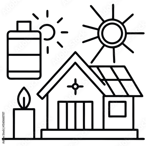 Solar Energy Home Icon Set Sun, Solar Panel, Battery, and Candle - EPS Vector Illustration