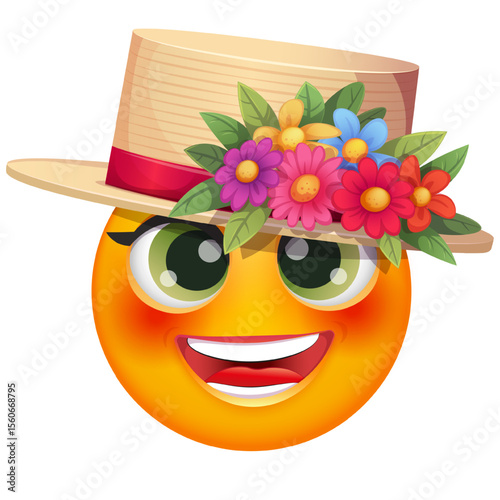 Female summer emoji with straw hat and tropical flowers on white background. Cheerful summer emoticon with happy smiling face shows joy. Positive vibes, good mood, vacation, travel, holiday concept