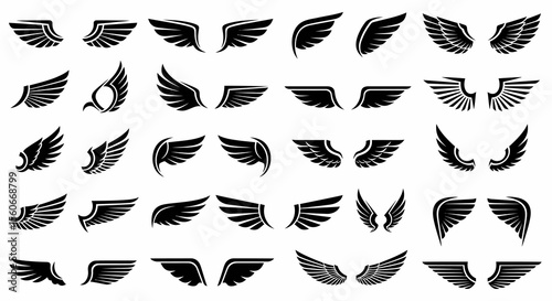 Collection of Black Wing Silhouettes in Various Styles on White Background