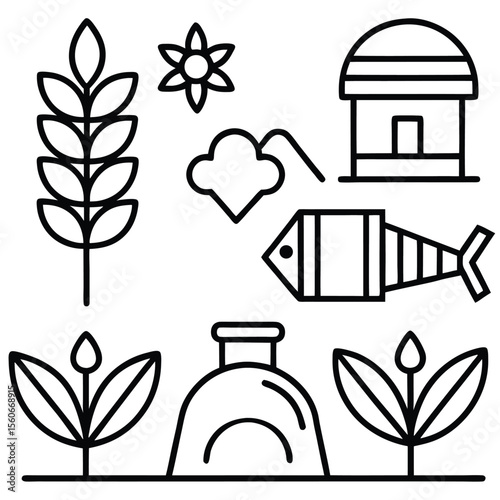 Thin-Line Icons of Eco-Farming Plant Sprout, Wheat, and Village Life