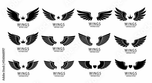 Collection of Twelve Black Vintage Style Wing Logos with Crown, Star, and Heart Designs