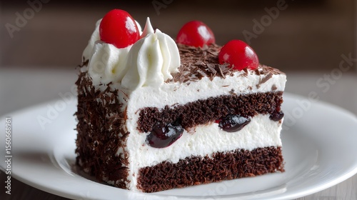 A delectable slice of Black Forest cake topped with fresh cherries on a plate.