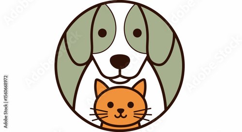 Cute Cartoon Dog and Cat, Oval Frame, Friendly Poses