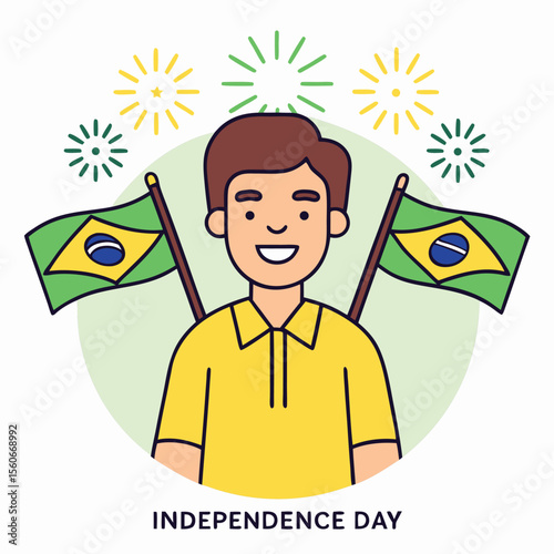 Joyful brazilian man in yellow shirt celebrating national independence day with patriotic symbols