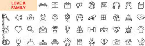 Love and Family Line Icon Design Featuring Hearts, Couples, Gifts, Homes, Balloons, Wedding Rings, Dresses, Music Notes, Embraces, Handshakes, Celebrations, and Romantic Symbols