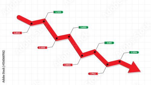 red down loss arrow chart with pin point data, number chart template