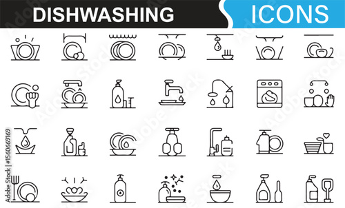 Minimalist icons of dishwashing essentials, including soap, gloves, and dish racks.