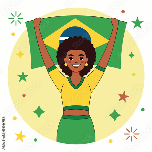 Joyful brazilian woman with curly hair celebrating with national flag