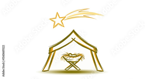Hand-drawn Nativity Scene: Baby Jesus in Manger under Olive-Gold Shelter with Guiding Star