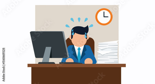 Stressed Businessman Working at Desk with Computer and Clock