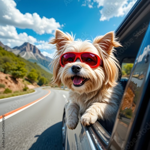 Happy dog with red sunglasses sticking head out of car window on scenic road trip